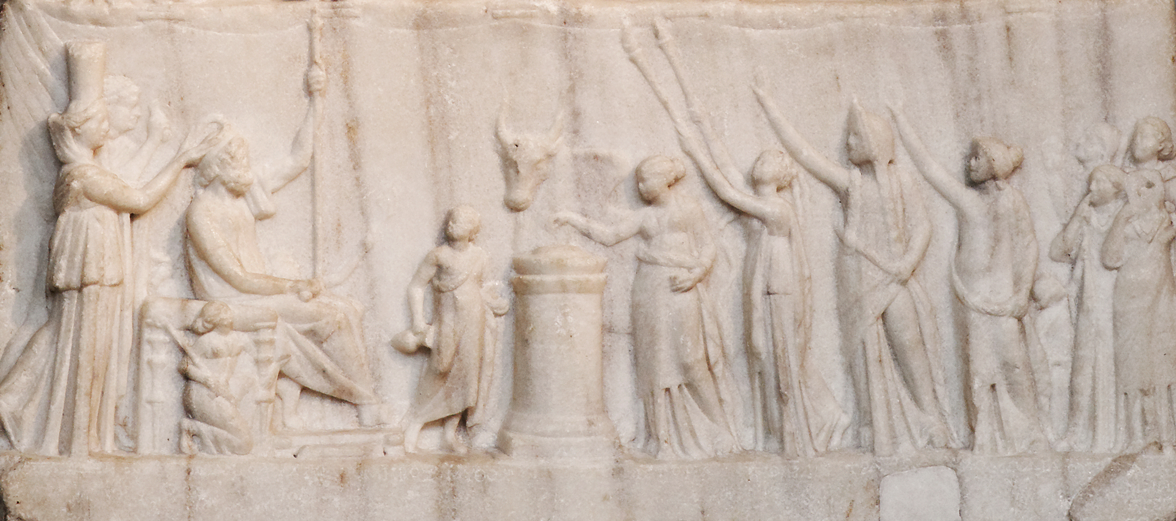Detail of a relief depicting the “Apotheosis of Homer,” attributed to Archelaos of Priene, ca. 225 BCE–205 BCE. In the British Museum. Photo, Marie-Lan Nguyen / Wikimedia Commons.