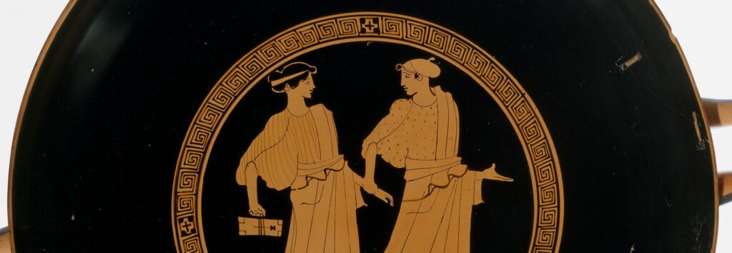 Vase painting of two girls, one holding books